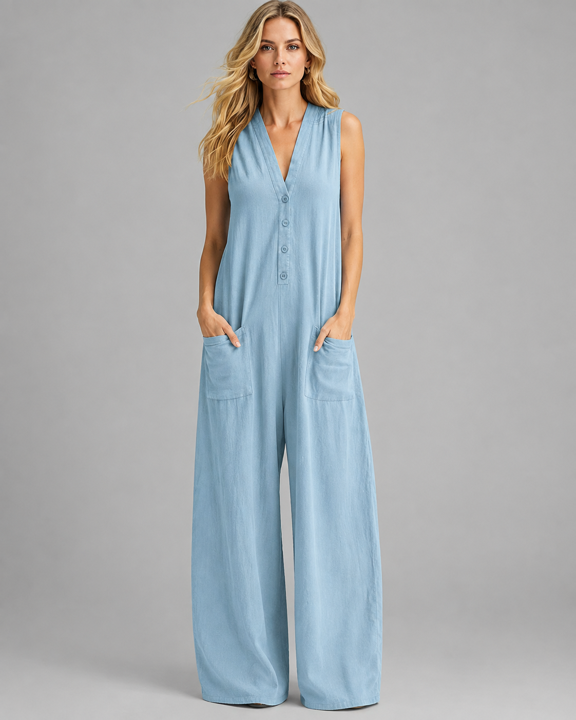 Women's Cotton Linen Wide Leg Jumpsuit – Sleeveless V Neck with Button Detail