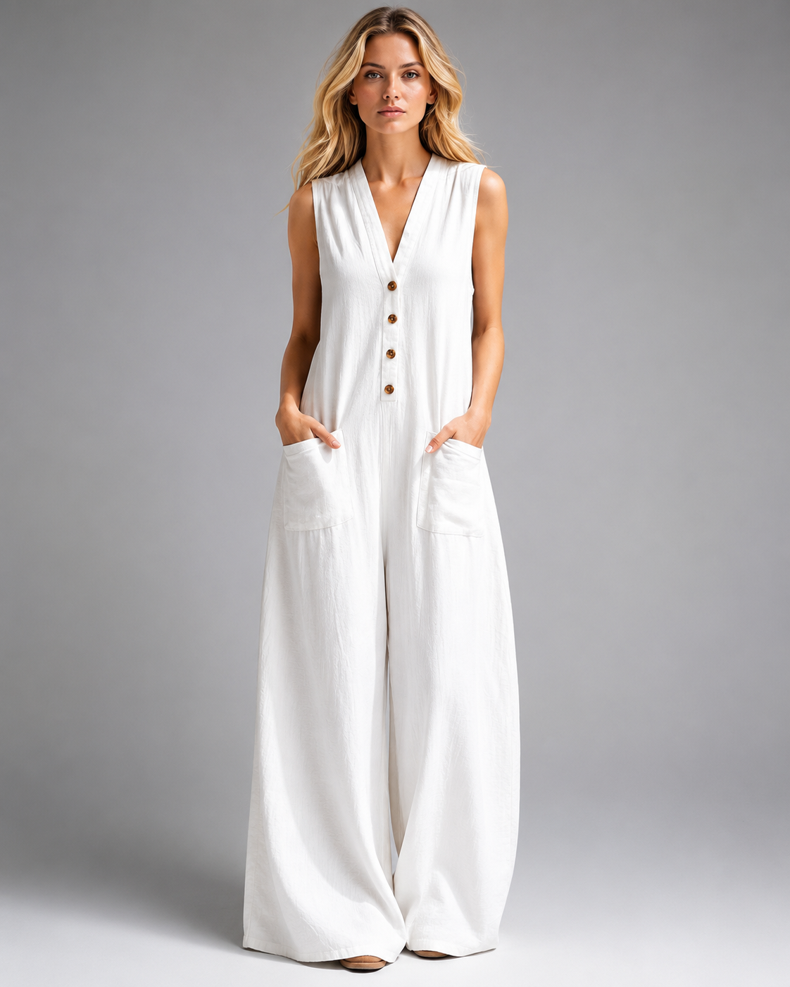 Women's Cotton Linen Wide Leg Jumpsuit – Sleeveless V Neck with Button Detail