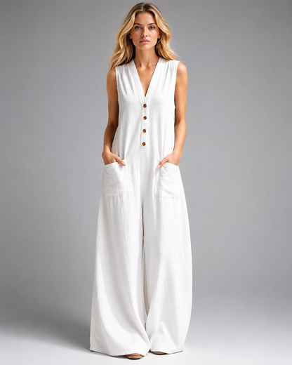 Women's Cotton Linen Wide Leg Jumpsuit – Sleeveless V Neck with Button Detail