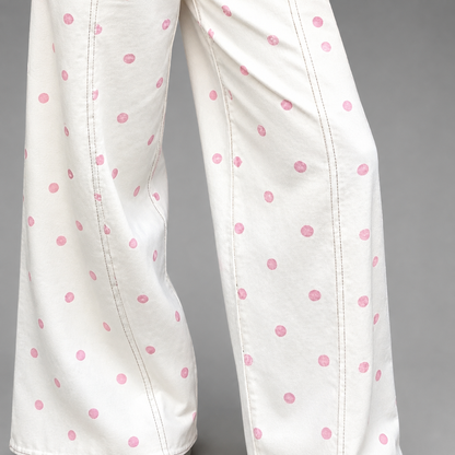 Women's Breathable Linen Wide Leg Pants – Polka Dot Pattern with Elastic Waist