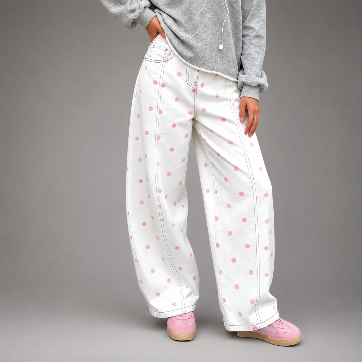 Women's Breathable Linen Wide Leg Pants – Polka Dot Pattern with Elastic Waist