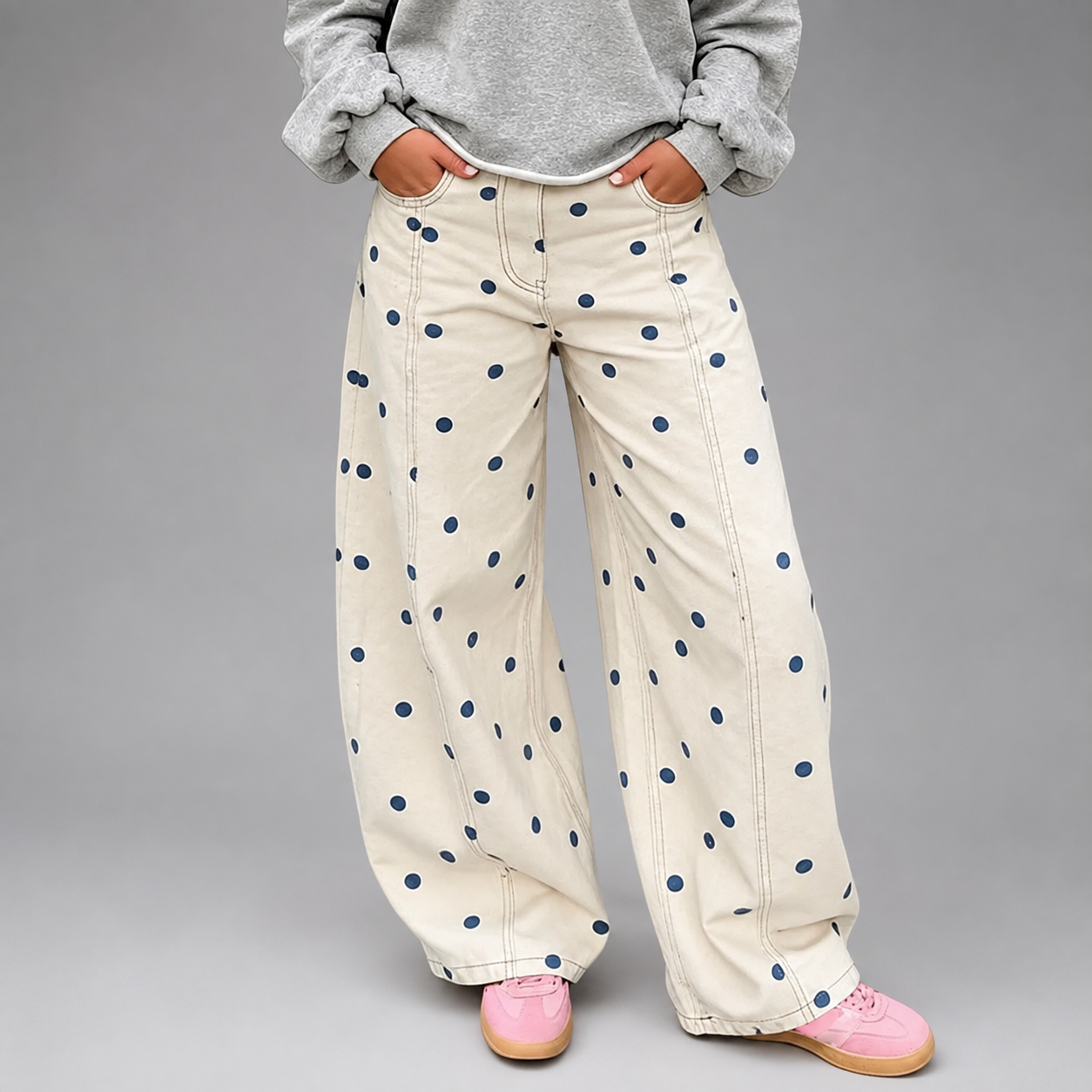 Women's Breathable Linen Wide Leg Pants – Polka Dot Pattern with Elastic Waist