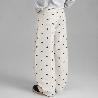 Women's Breathable Linen Wide Leg Pants – Polka Dot Pattern with Elastic Waist