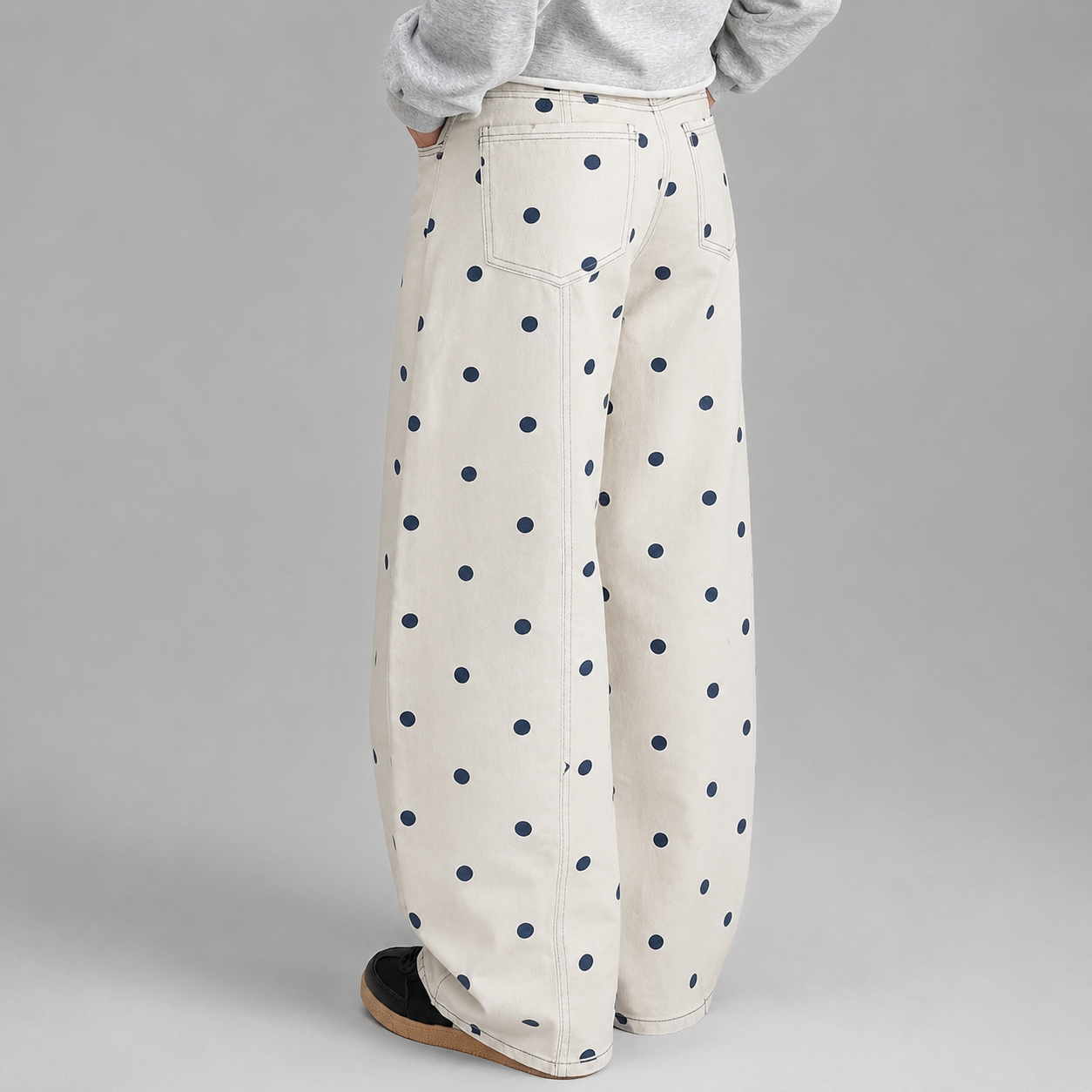 Women's Polyester Wide Leg Jeans – Loose Fit Polka Dot Print