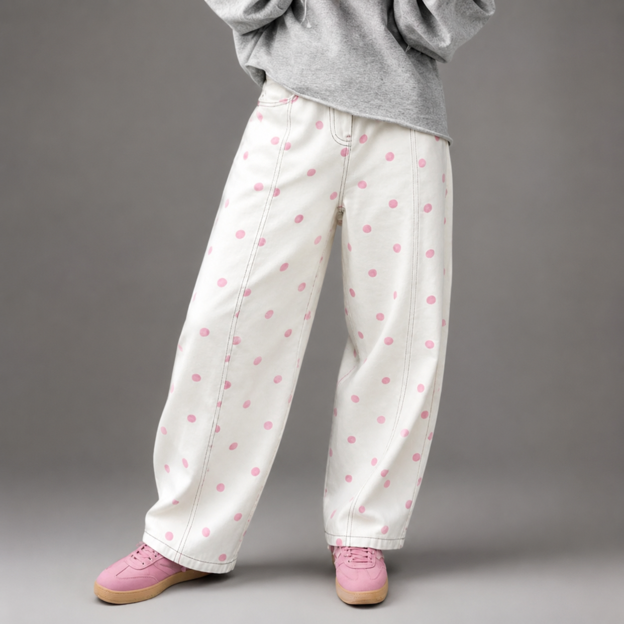 Women's Breathable Linen Wide Leg Pants – Polka Dot Pattern with Elastic Waist