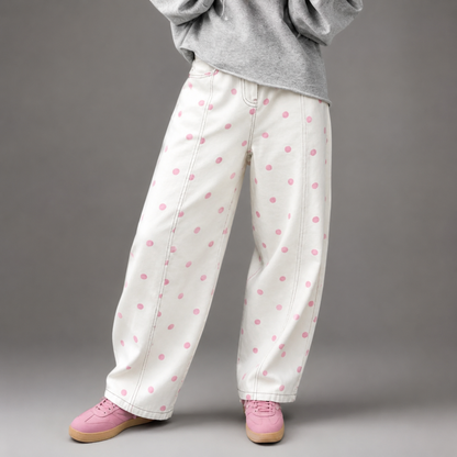 Women's Breathable Linen Wide Leg Pants – Polka Dot Pattern with Elastic Waist