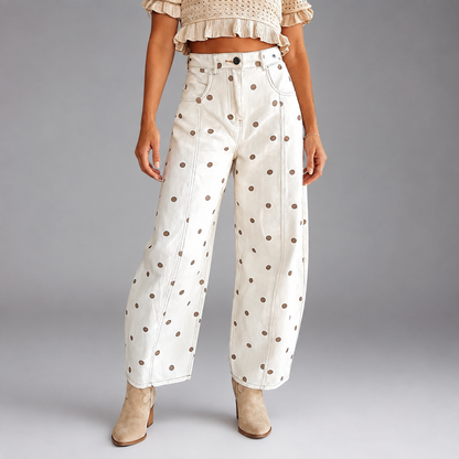 Women's Polyester Wide Leg Jeans – Loose Fit Polka Dot Print