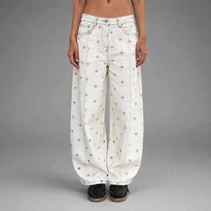 Women's Breathable Linen Wide Leg Pants – Polka Dot Pattern with Elastic Waist