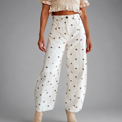 Women's Breathable Linen Wide Leg Pants – Polka Dot Pattern with Elastic Waist