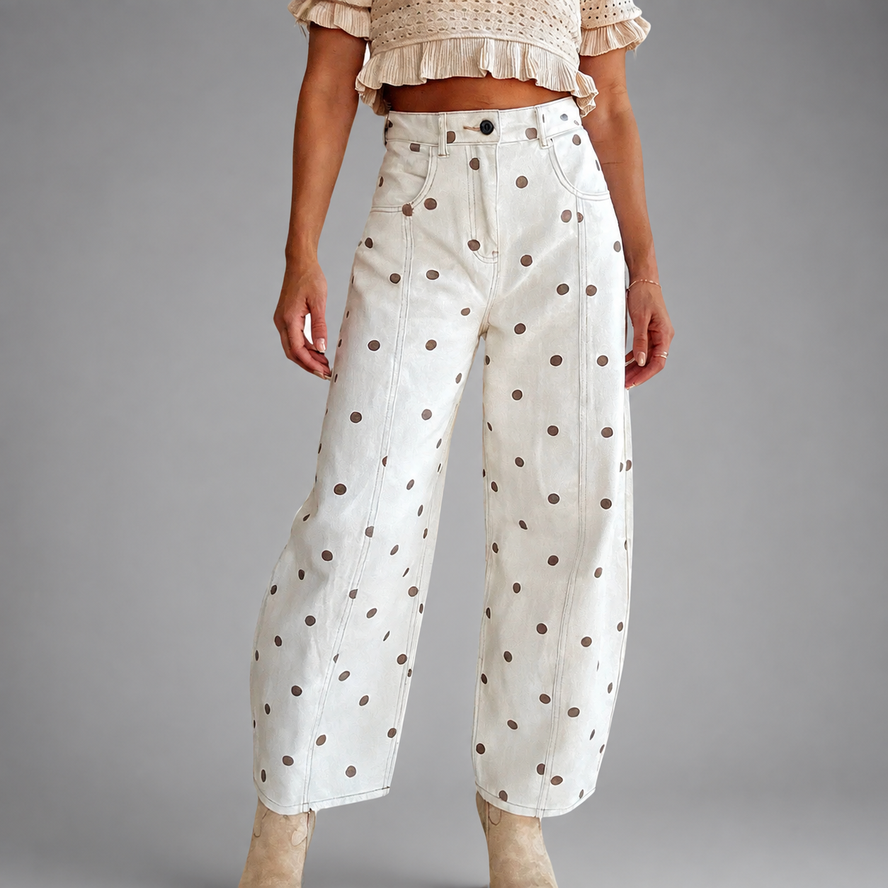 Women's Polyester Wide Leg Jeans – Loose Fit Polka Dot Print