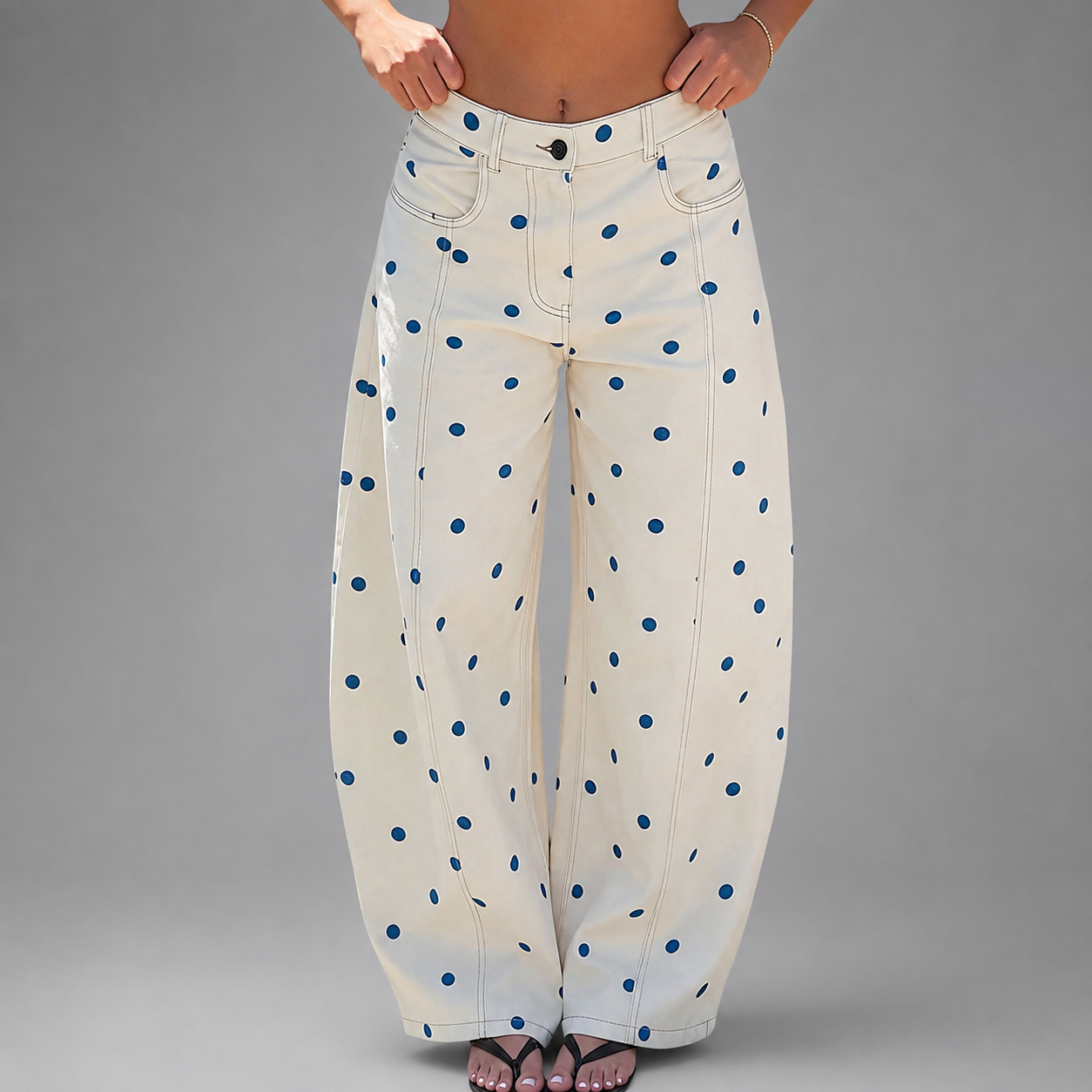Women's Breathable Linen Wide Leg Pants – Polka Dot Pattern with Elastic Waist