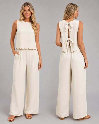 Women's Linen Two Piece Set – Shell Trimmed Sleeveless Top with Relaxed Fit Pants