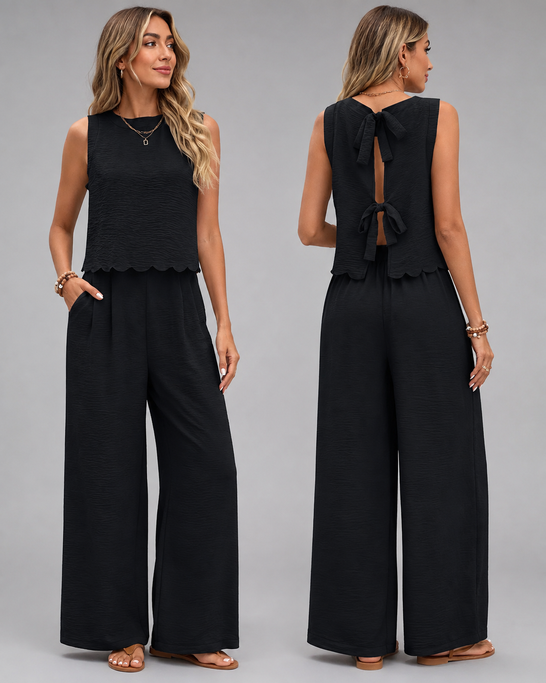 Women's Linen Two Piece Set – Shell Trimmed Sleeveless Top with Relaxed Fit Pants