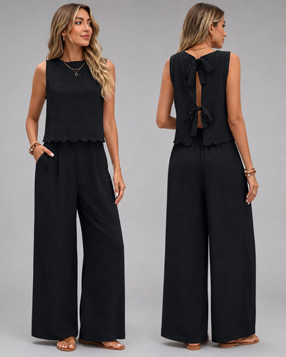 Women's Linen Two Piece Set – Shell Trimmed Sleeveless Top with Relaxed Fit Pants