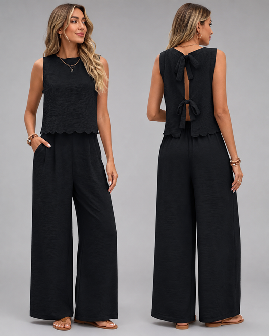 Women's Linen Two Piece Set – Shell Trimmed Sleeveless Top with Relaxed Fit Pants