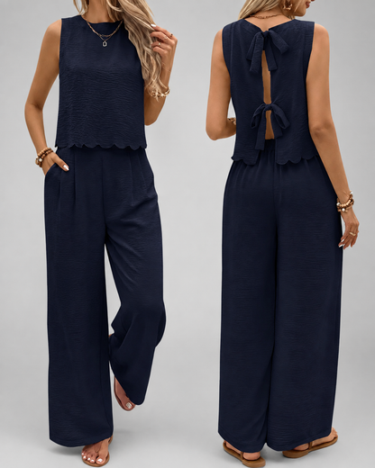 Women's Linen Two Piece Set – Shell Trimmed Sleeveless Top with Relaxed Fit Pants