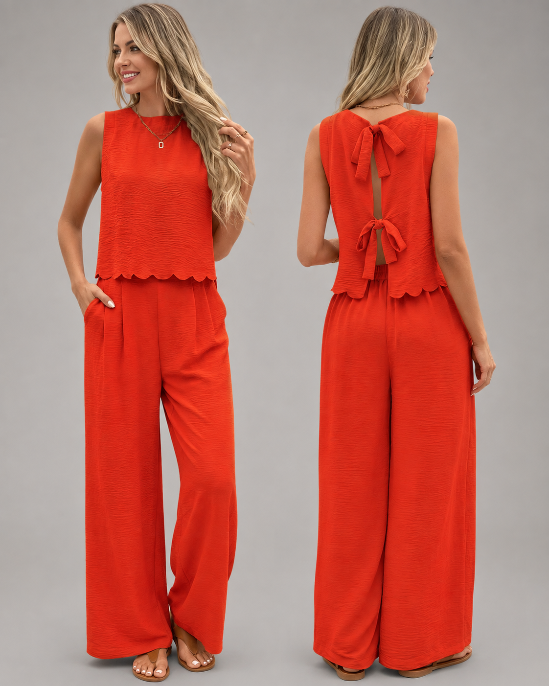 Women's Linen Two Piece Set – Shell Trimmed Sleeveless Top with Relaxed Fit Pants
