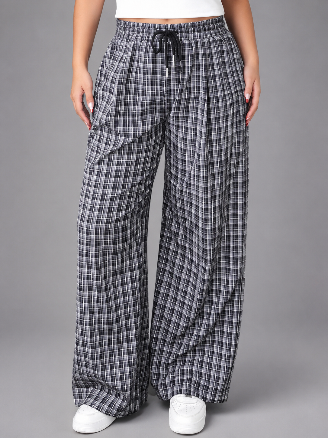 Women's Plus Size Checkered Wide Leg Pants – Elastic Waistband with Drawstring