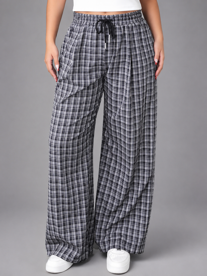Women's Plus Size Checkered Wide Leg Pants – Elastic Waistband with Drawstring