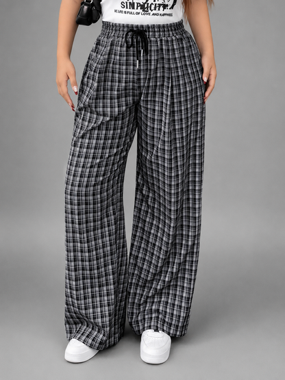 Women's Plus Size Checkered Wide Leg Pants – Elastic Waistband with Drawstring