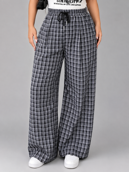 Women's Plus Size Checkered Wide Leg Pants – Elastic Waistband with Drawstring