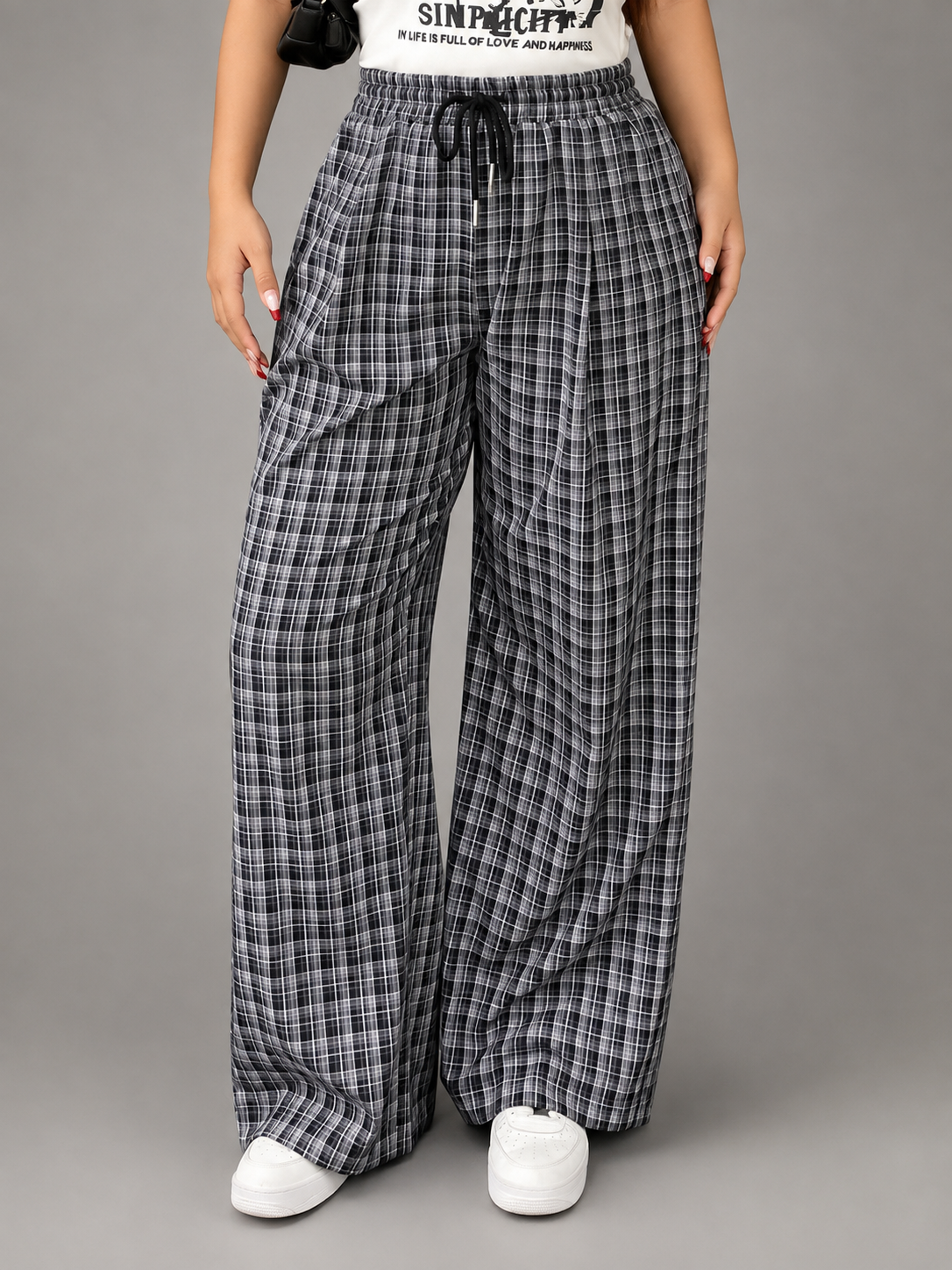 Women's Plus Size Checkered Wide Leg Pants – Elastic Waistband with Drawstring