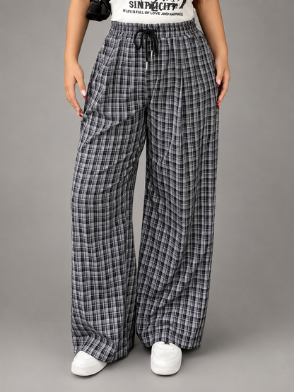 Women's Plus Size Checkered Wide Leg Pants – Elastic Waistband with Drawstring