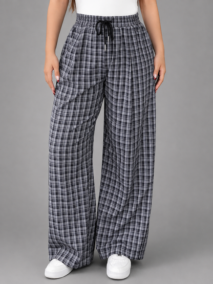 Women's Plus Size Checkered Wide Leg Pants – Elastic Waistband with Drawstring