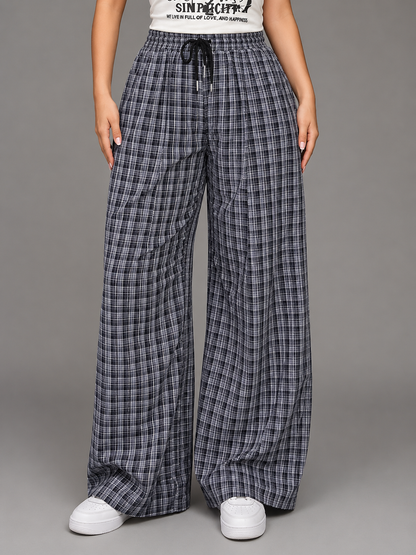 Women's Plus Size Checkered Wide Leg Pants – Elastic Waistband with Drawstring
