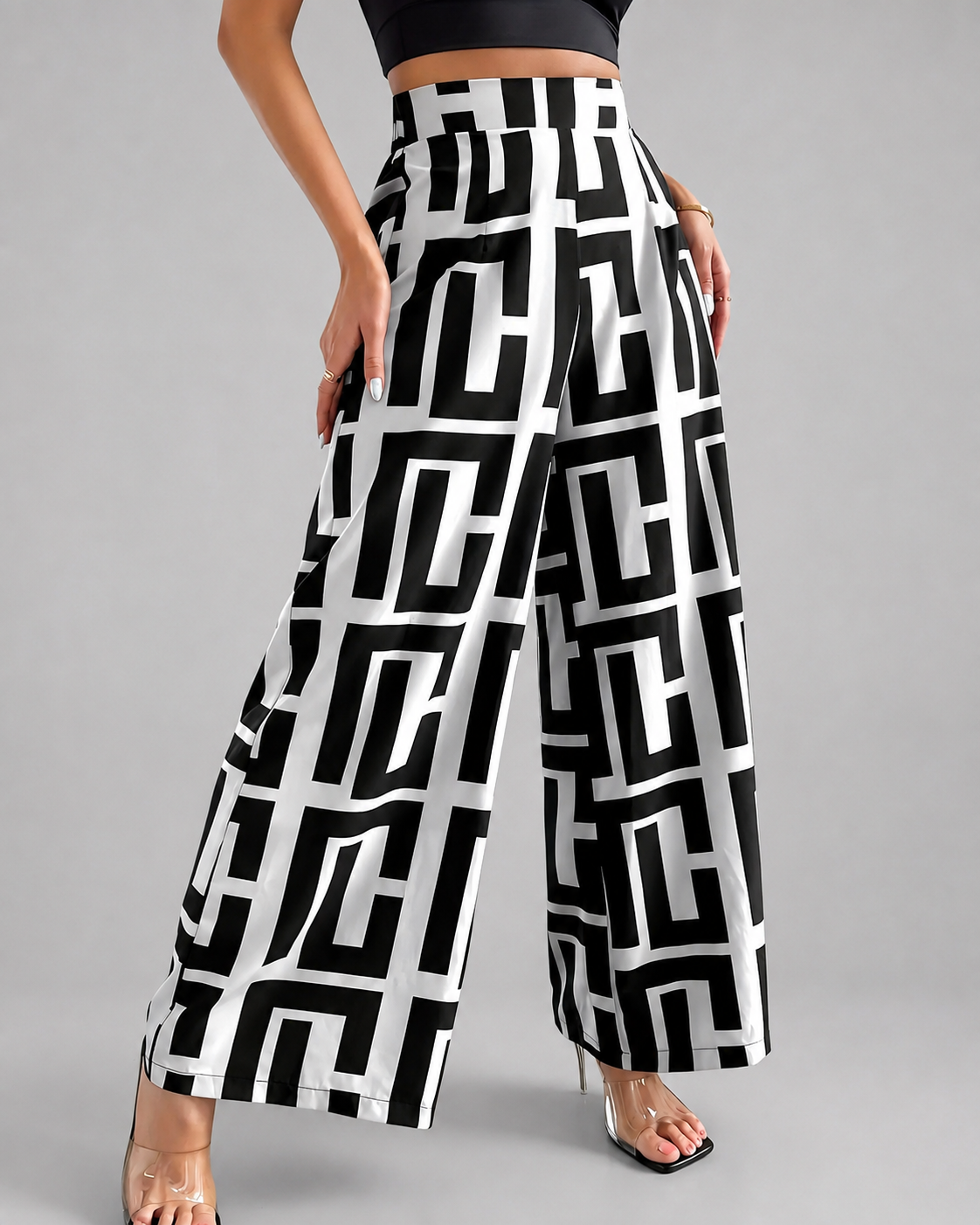 Women's Lightweight Wide Leg Pants – Dual Color Checkered Print with Elastic Waist