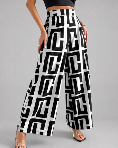 Women's Lightweight Wide Leg Pants – Dual Color Checkered Print with Elastic Waist