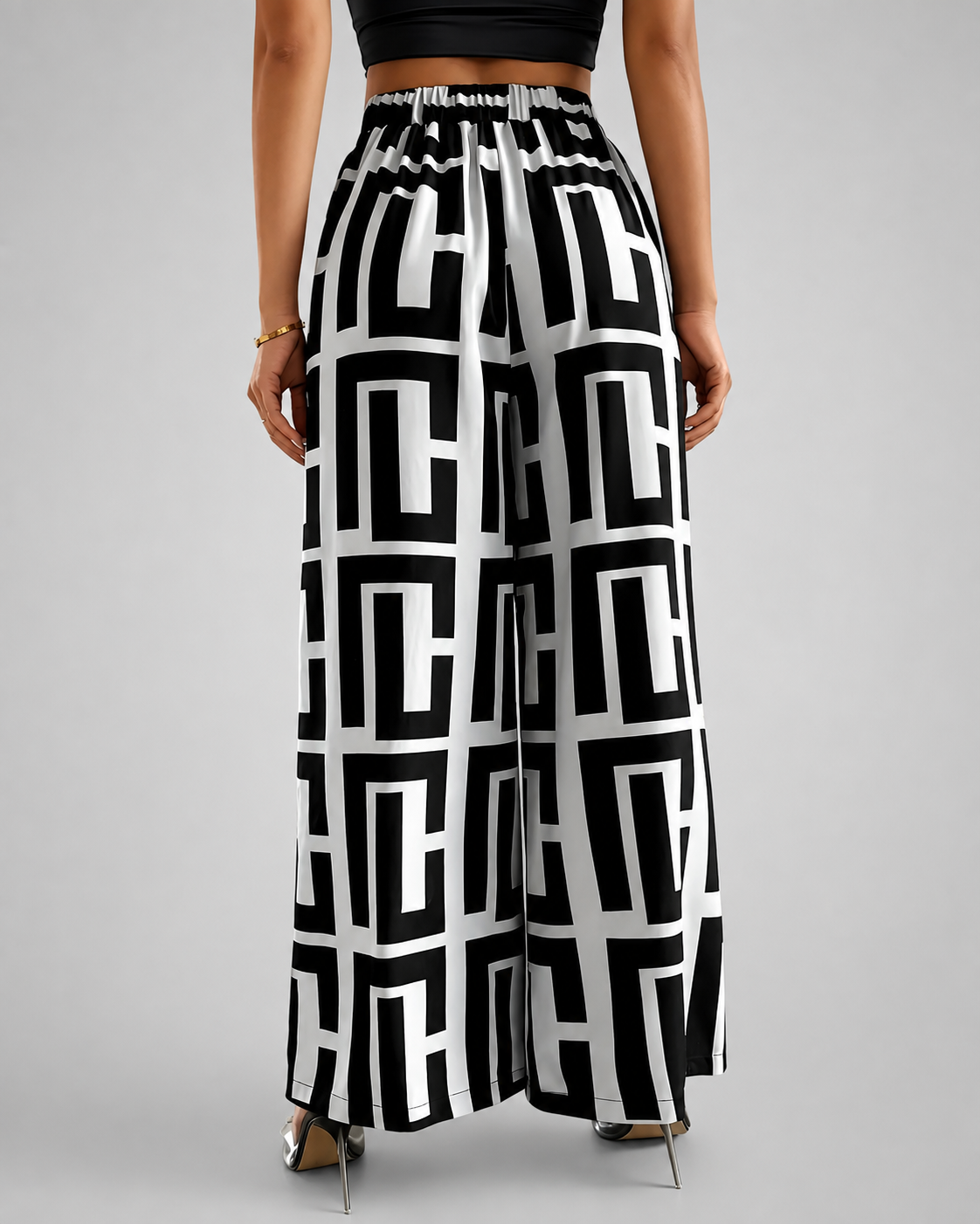 Women's Lightweight Wide Leg Pants – Dual Color Checkered Print with Elastic Waist