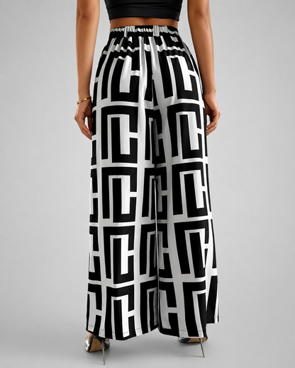 Women's Lightweight Wide Leg Pants – Dual Color Checkered Print with Elastic Waist