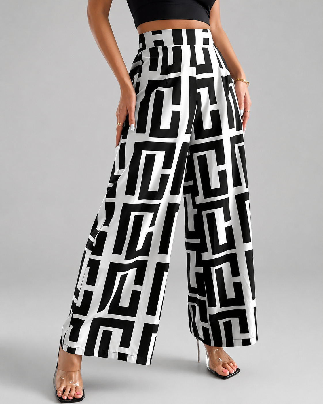 Women's Lightweight Wide Leg Pants – Dual Color Checkered Print with Elastic Waist