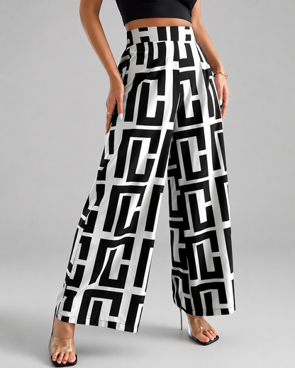 Women's Lightweight Wide Leg Pants – Dual Color Checkered Print with Elastic Waist