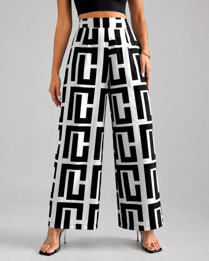 Women's Lightweight Wide Leg Pants – Dual Color Checkered Print with Elastic Waist