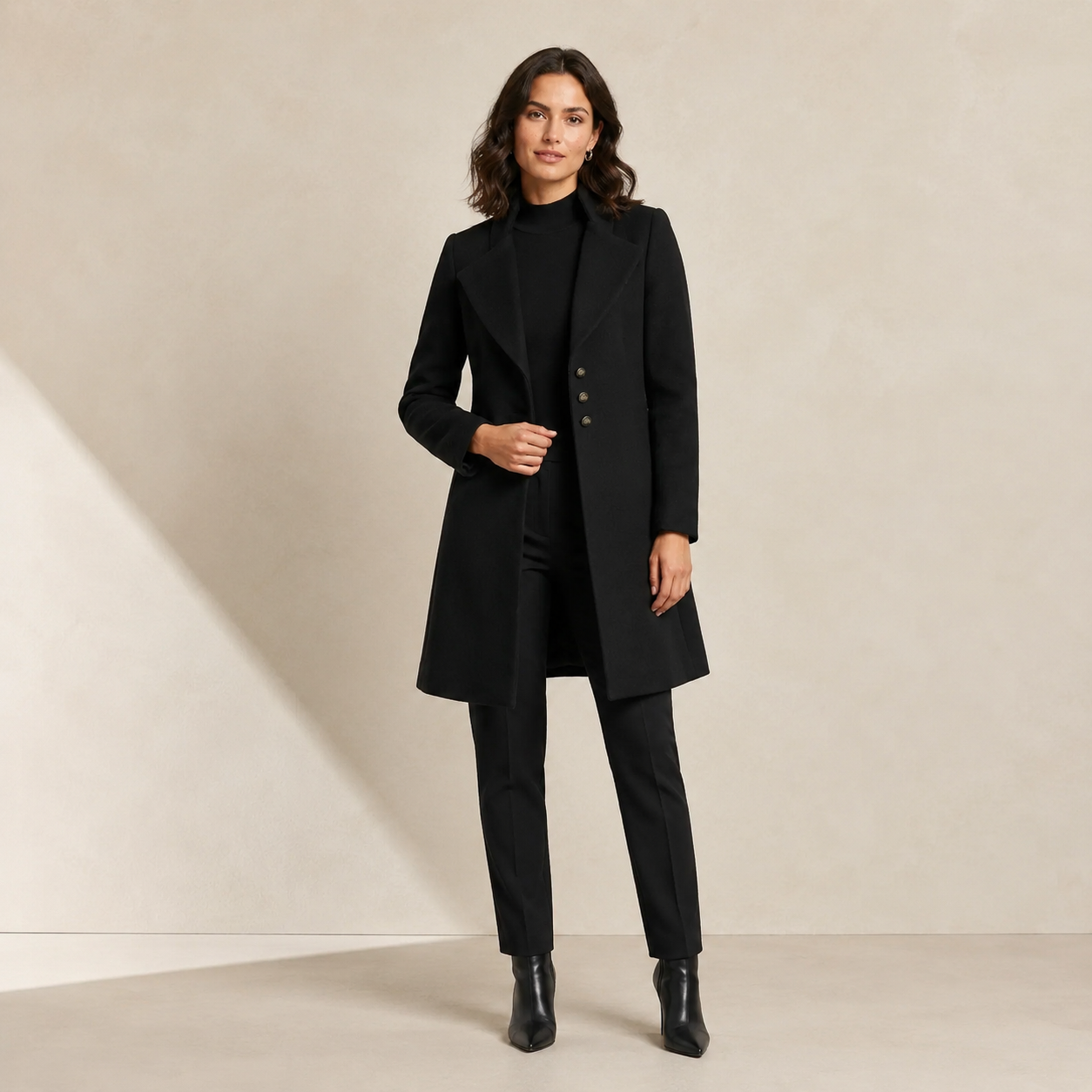 Women's Longline Wool Coat – Tailored Silhouette with Notched Lapel and Button-Front Closure