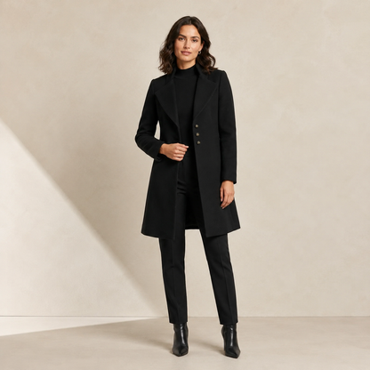Women's Longline Wool Coat – Tailored Silhouette with Notched Lapel and Button-Front Closure