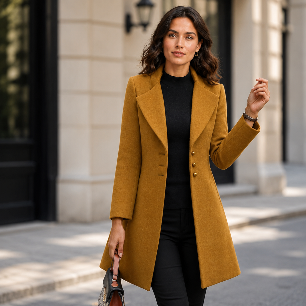 Women's Longline Wool Coat – Tailored Silhouette with Notched Lapel and Button-Front Closure