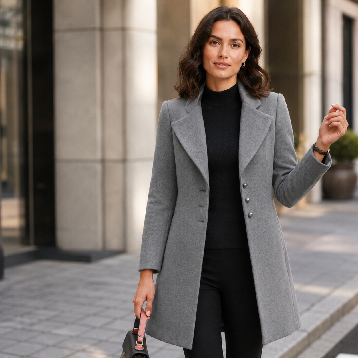 Women's Longline Wool Coat – Tailored Silhouette with Notched Lapel and Button-Front Closure