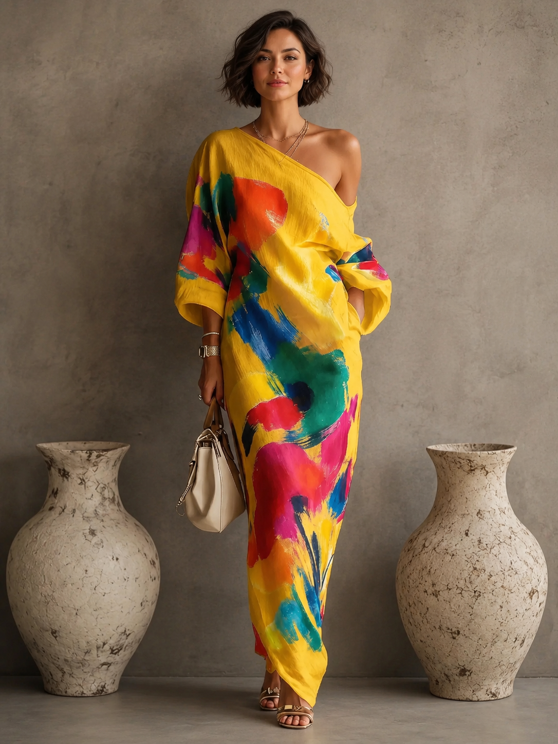 Women's Cotton-Polyester Maxi Dress – Bold Abstract Brushstroke Print – One-Shoulder Neckline, Relaxed Fit