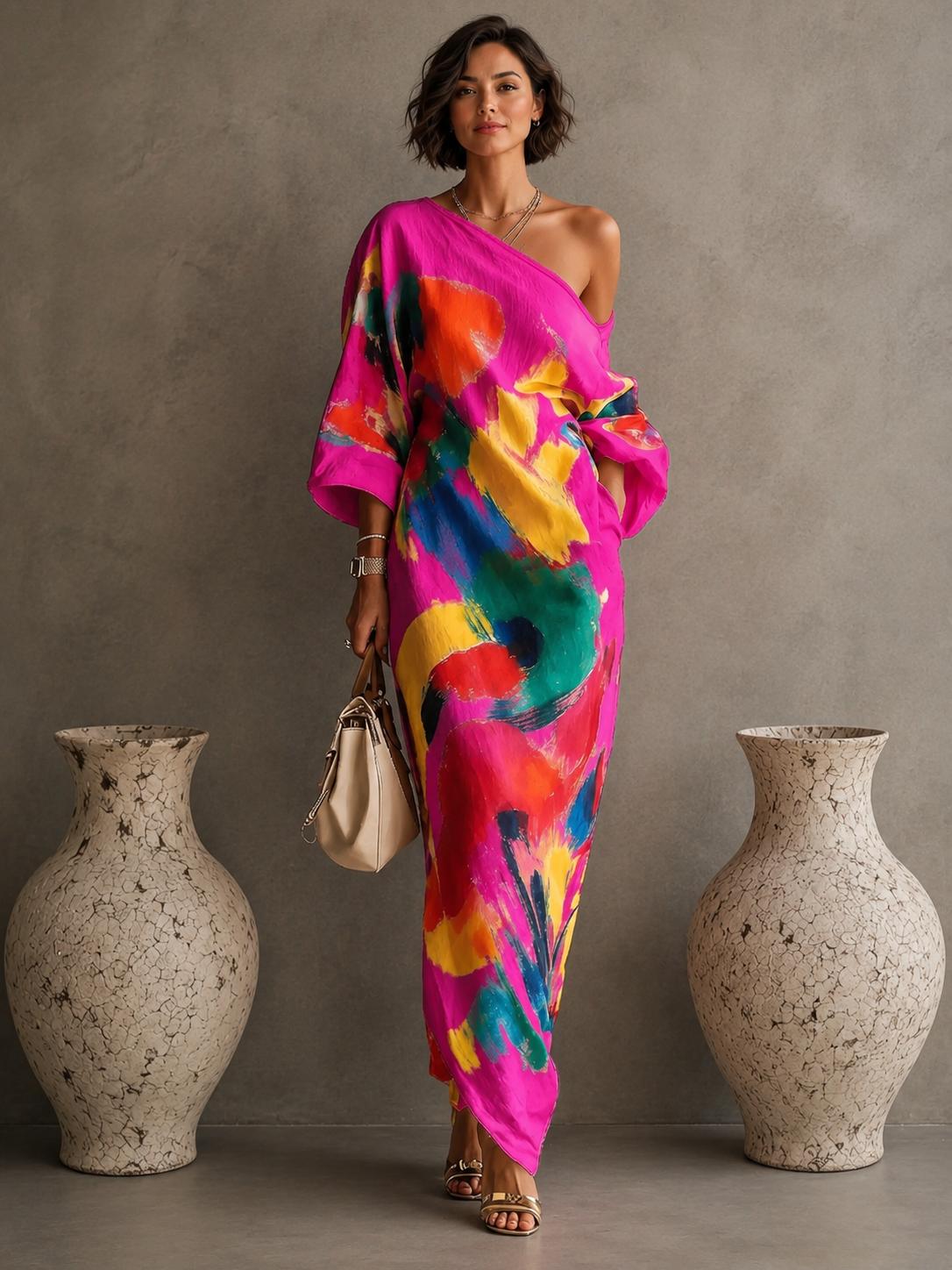 Women's Cotton-Polyester Maxi Dress – Bold Abstract Brushstroke Print – One-Shoulder Neckline, Relaxed Fit