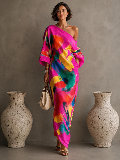 Women's Cotton-Polyester Maxi Dress – Bold Abstract Brushstroke Print – One-Shoulder Neckline, Relaxed Fit