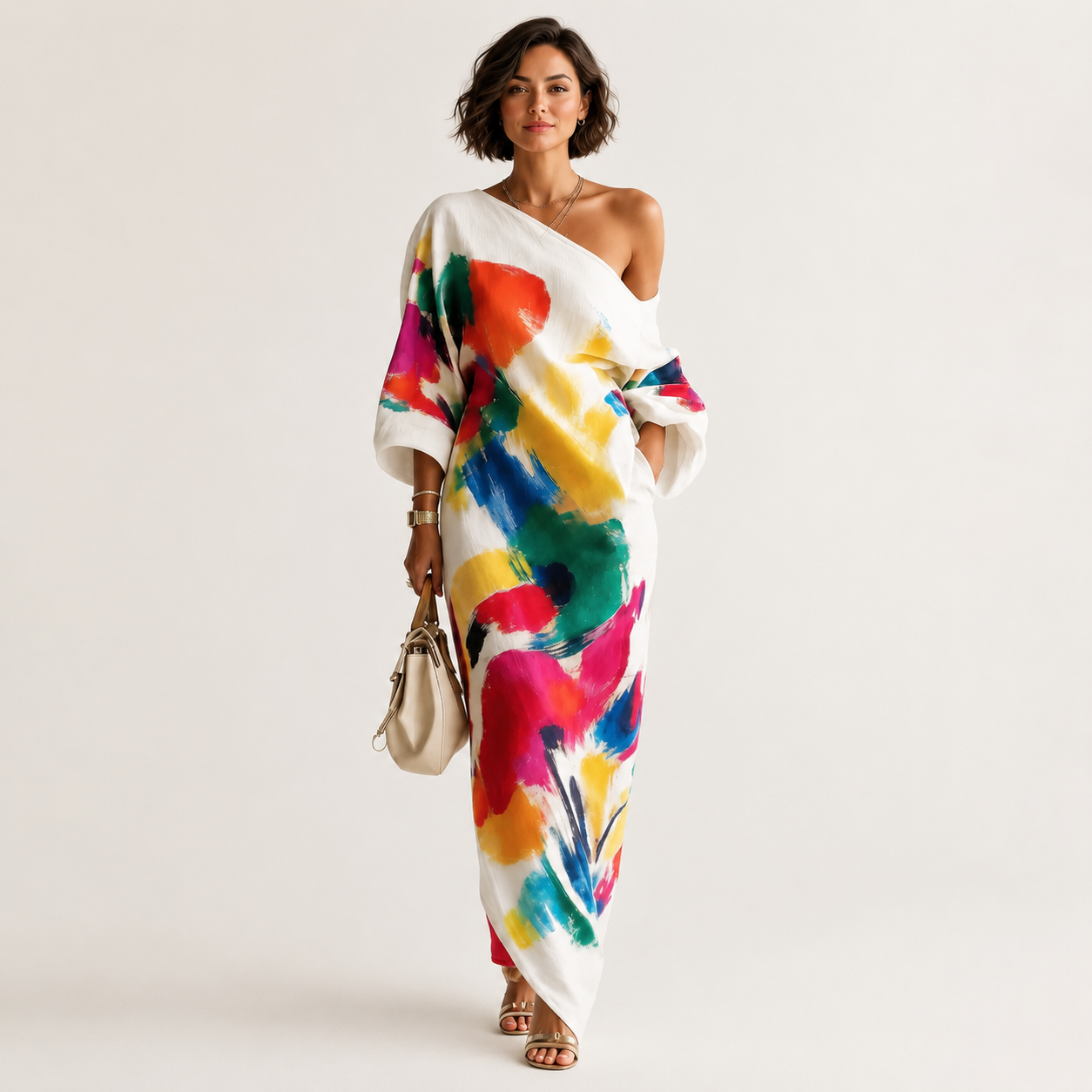 Women's Cotton-Polyester Maxi Dress – Bold Abstract Brushstroke Print – One-Shoulder Neckline, Relaxed Fit