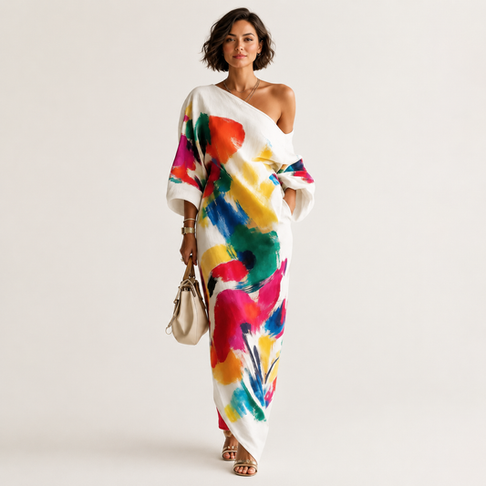 Women's Cotton-Polyester Maxi Dress – Bold Abstract Brushstroke Print – One-Shoulder Neckline, Relaxed Fit