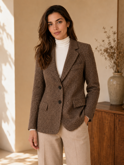 Women's Tailored Black Blazer – Textured Fabric with Button-Front Closure