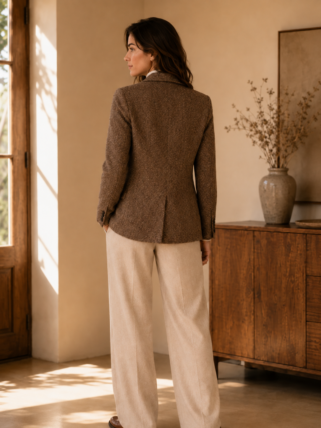 Women's Tailored Black Blazer – Textured Fabric with Button-Front Closure