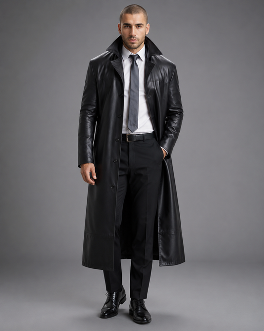 Men's Long Leather Coat – Tailored Fit with Classic Lapels