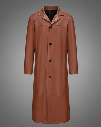 Men's Long Leather Coat – Tailored Fit with Classic Lapels