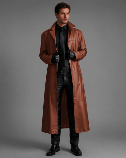 Men's Long Leather Coat – Tailored Fit with Classic Lapels